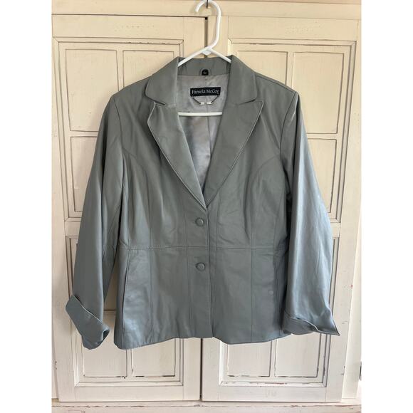 Pamela McCoy size large gray leather blazer jacket - Picture 1 of 4